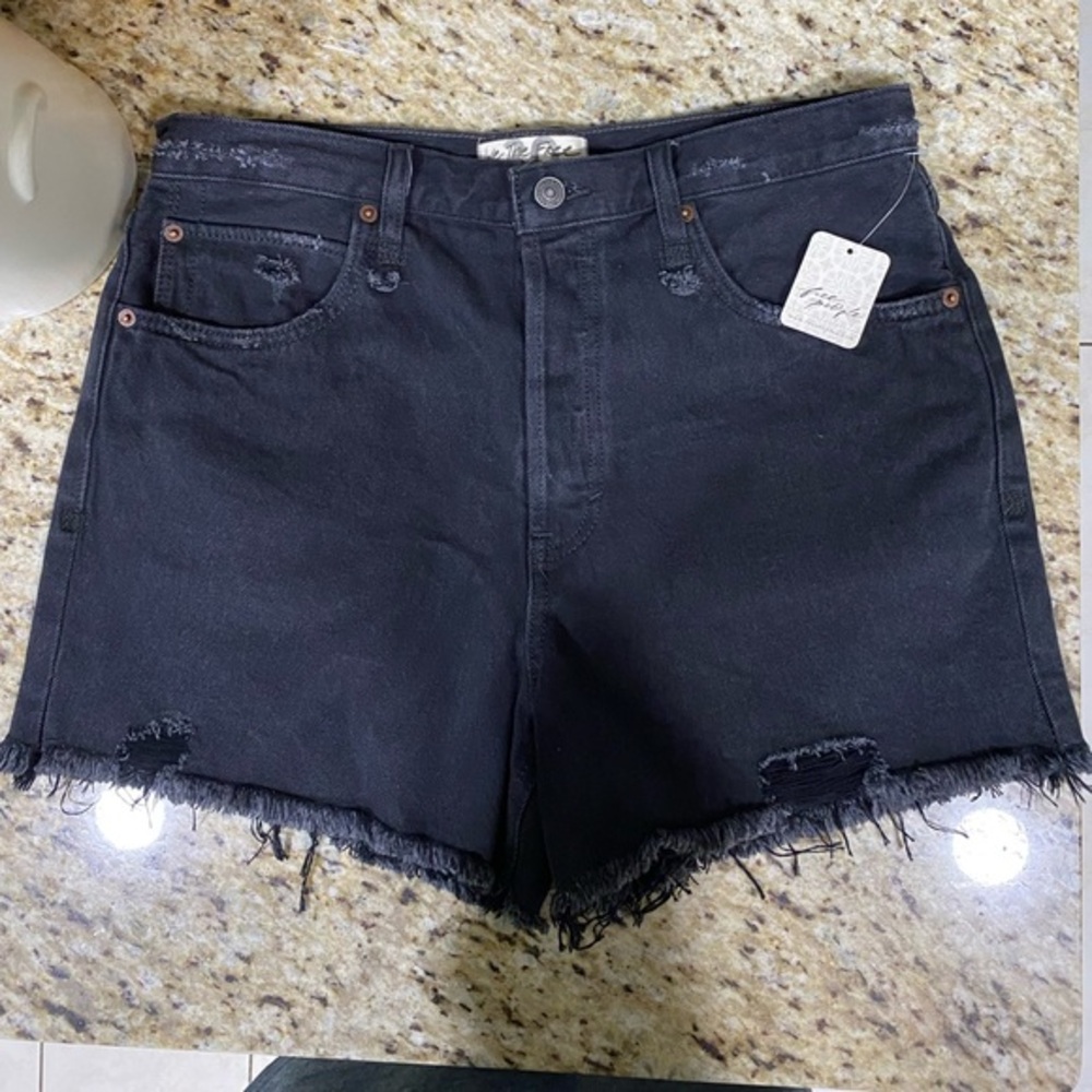 NWT Free People We The Free Black Distressed Jean Shorts Buttonfly 30